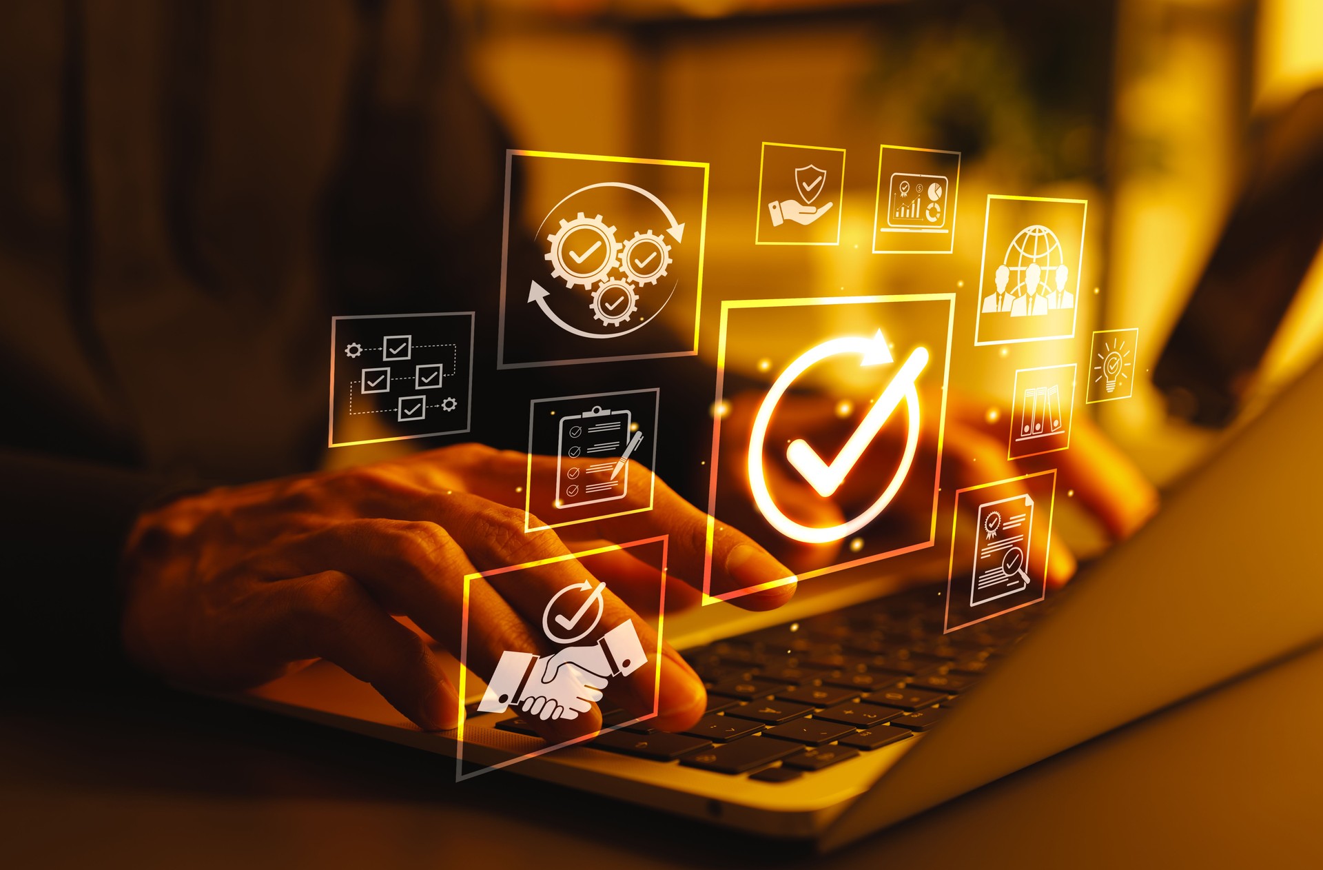 Business Quality Assurance and Compliance Concept. Person using laptop with icons represent quality assurance, compliance, process improvement, certification, success, effective operational standards,