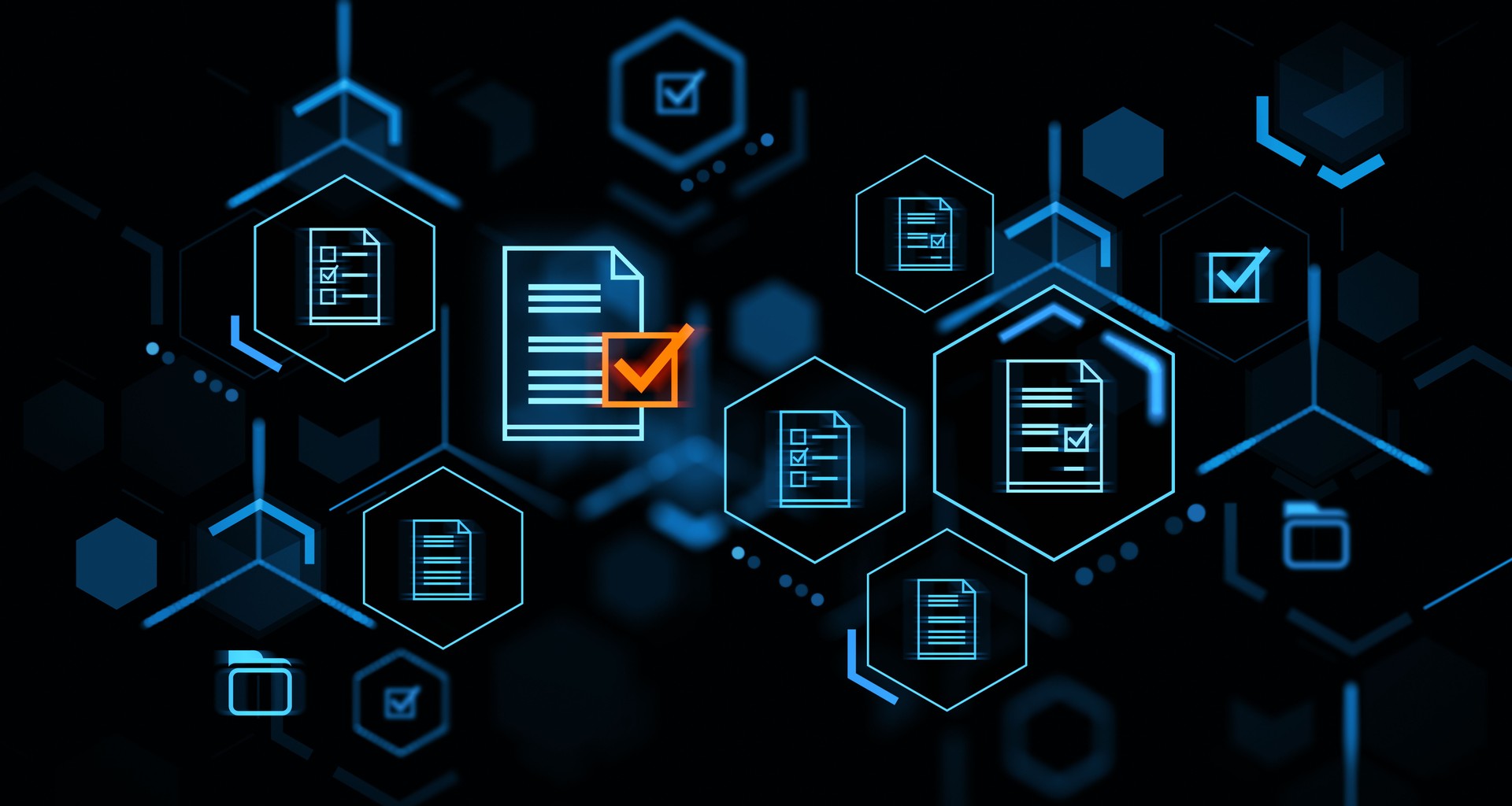 Document management system hologram with files and checkmarks